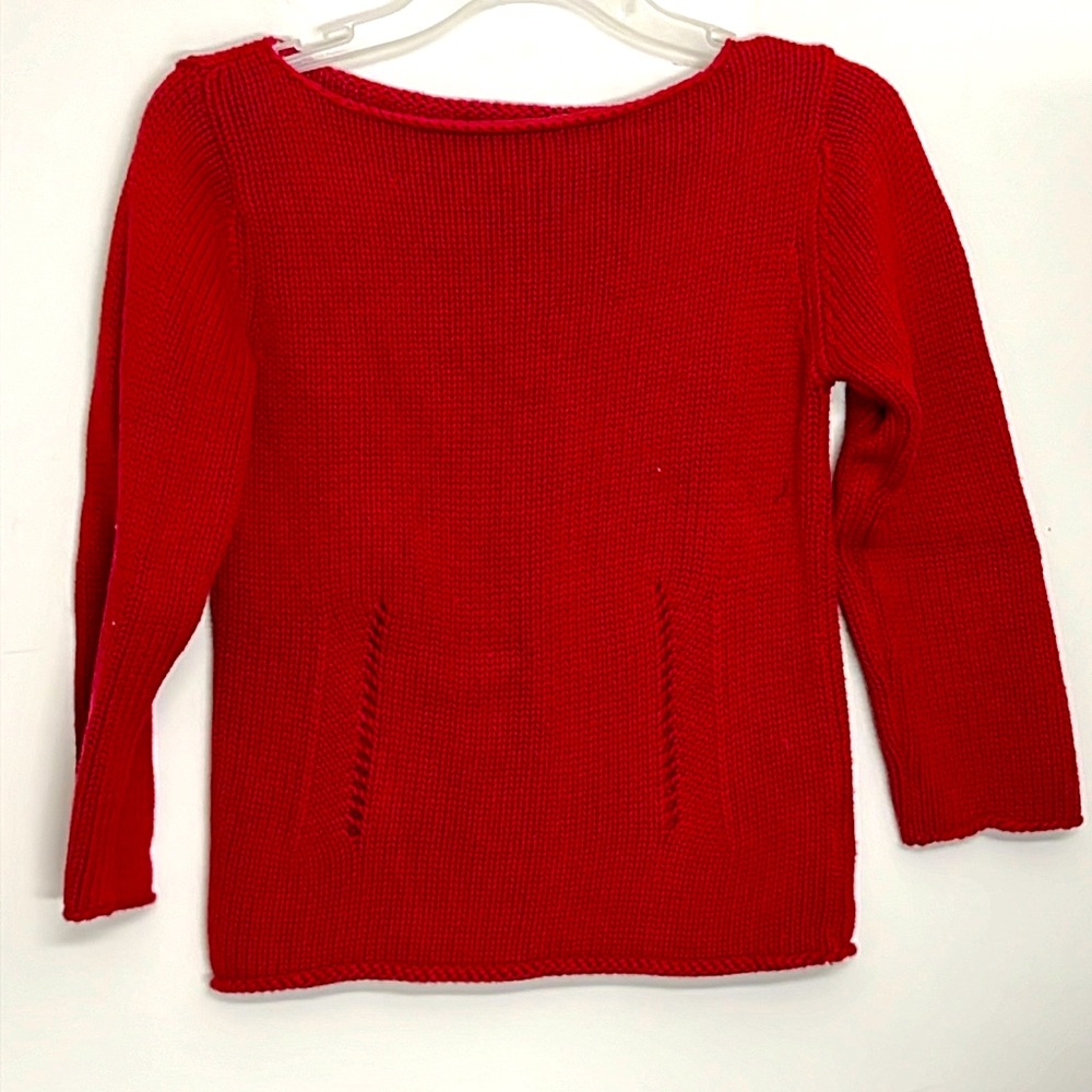 🌞 DKNY red boat neck pullover sweater 3/4 sleeves open knit lines front women S